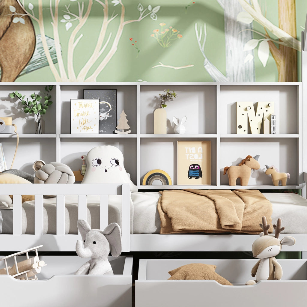 Letto a casa per bambini bianco con funzione di stoccaggio in legno massello di pino 90x200 cm