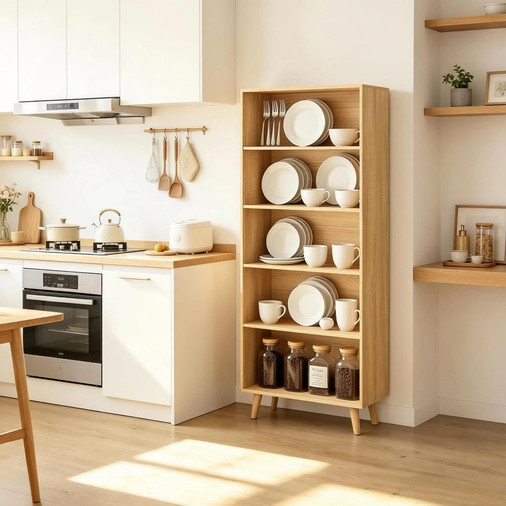 Libreria a 5 ripiani aperti in melaminico E1 con piedi in legno massello, 60 × 24 × 144 cm, color legno chiaro