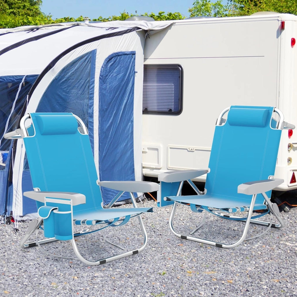 Sedia da Spiaggia, Sdraio Pieghevole a 5 Posizioni con Portabicchieri, Poltrona da Spiaggia con Cuscino per Testa e Zaino, Sedia da Campeggio Portatile, Portata 150 kg (Azzurro,1)