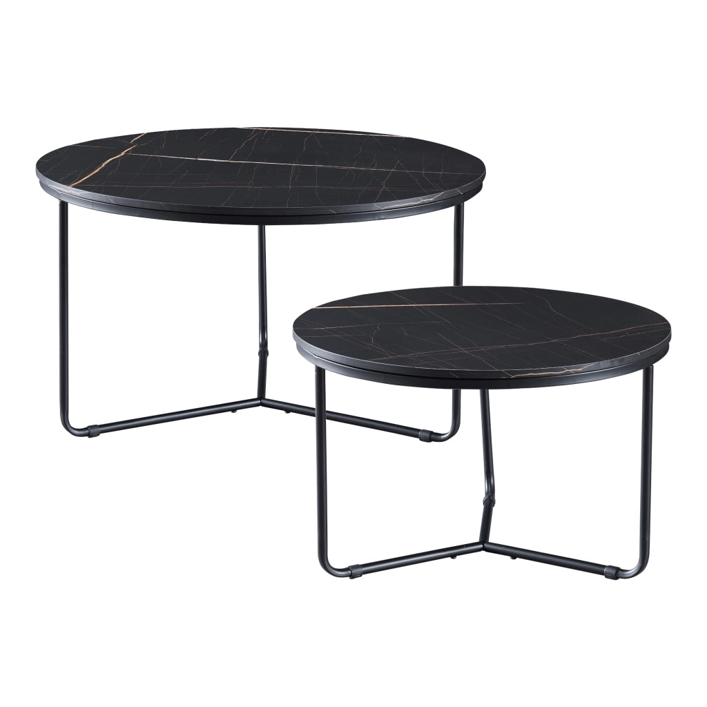 Set Poxdorf di 2 Tavolini Sovrapponibili Piano Rotondo Effetto Marmo Nero [en.casa]