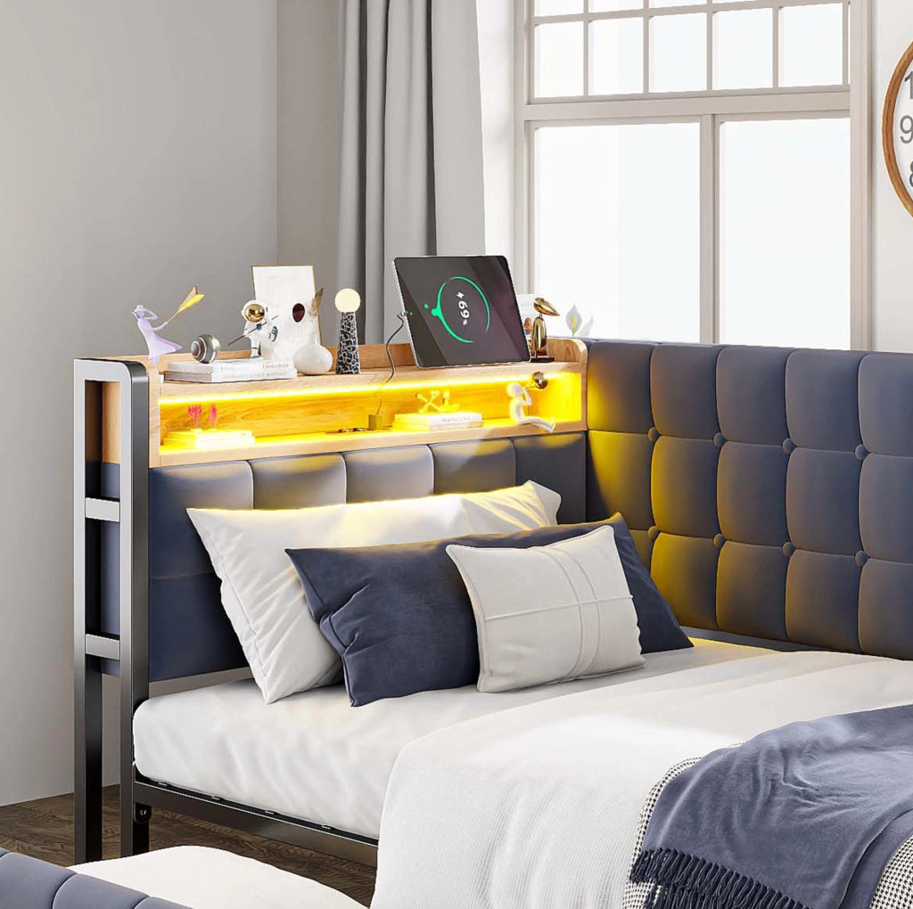 Divano letto 90x200 cm con 2 cassetti, LED, USB e USB-C in velluto grigio