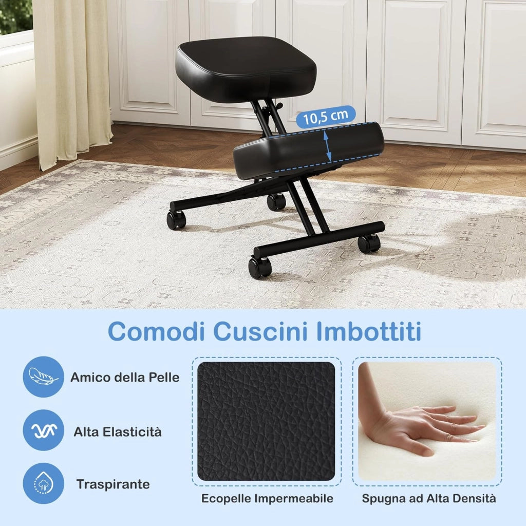 Sedia Ergonomica per Correzione Posturale, 4 Ruote Bloccabili e Supporto per Ginocchia, Sedia da Lavoro con Seduta Regolabile, Carico Fino a 100 kg (Non Schienale)