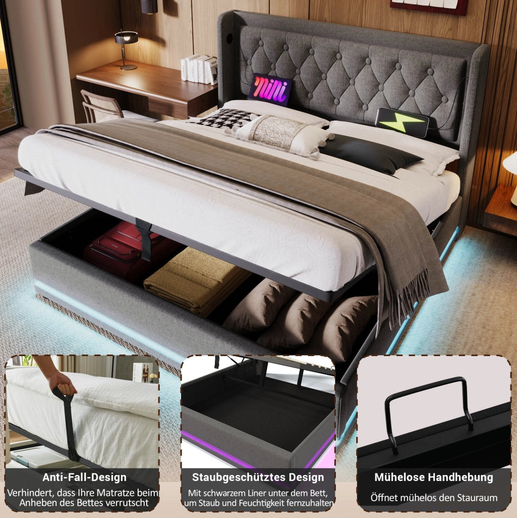 Letto matrimoniale imbottito 160x200 cm grigio in cotone con contenitore; USB e LED