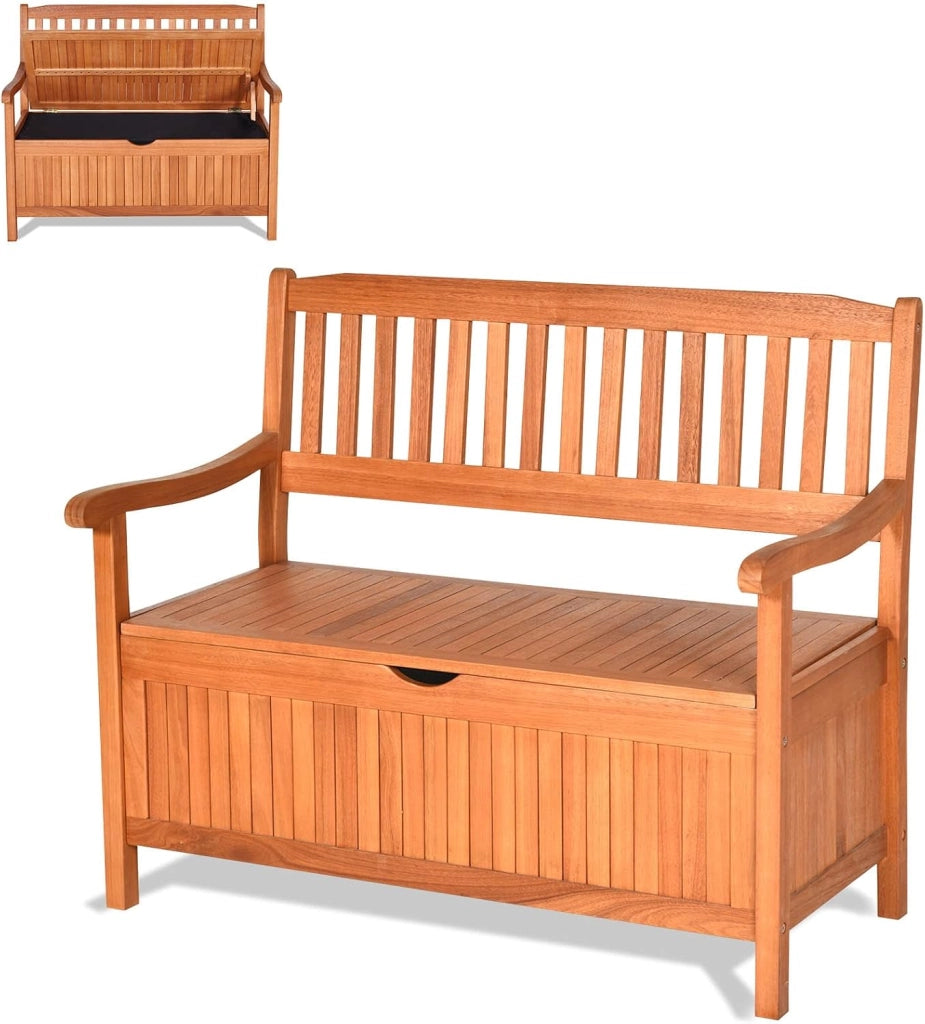 Panca da Giardino, Panca Esterno in Legno di Acacia, con Contenitore, Panchina a 2 Posti con Baule, con Borsa Impermeabile, Deposito Esterno in Legno con Braccioli e Schienali