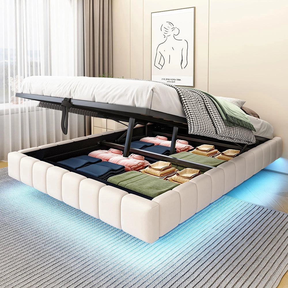 Letto-Xylo-140x200 cm-idraulico, LED, senza testiera, lino beige
