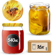 Set di 16 Pentole di Invaso 540 ml – Pentole in Vetro con Coperchio a Viti (Ø82 mm) – Erettore per Invasi, Conservazione e Meal Prep