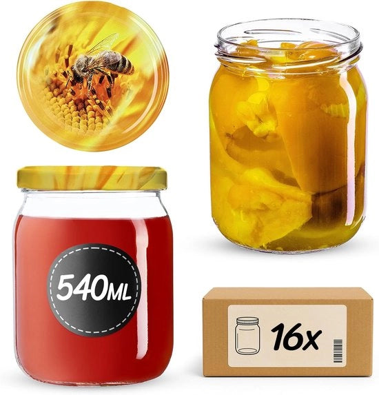 Set di 16 Pentole di Invaso 540 ml – Pentole in Vetro con Coperchio a Viti (Ø82 mm) – Erettore per Invasi, Conservazione e Meal Prep