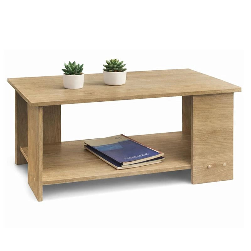 TAVOLO DA CAFFÈ RETTANGOLARE CON RIPIANO E 4 SUPPORTI COLORE ROVERE DIMENSIONI 89X48X42 CM