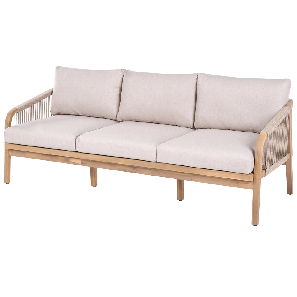 Set da giardino divano 3 posti con tavolino in legno di acacia con cuscini beige chiaro design moderno per esterni