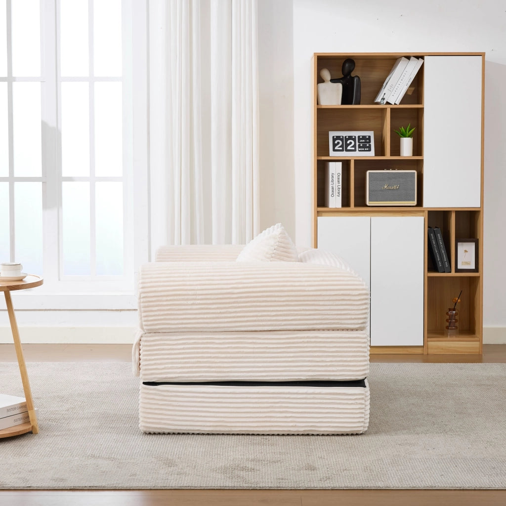 Poltrona letto convertibile 2 in 1 senza montaggio con cuscino in tessuto effetto velluto a coste beige compatta