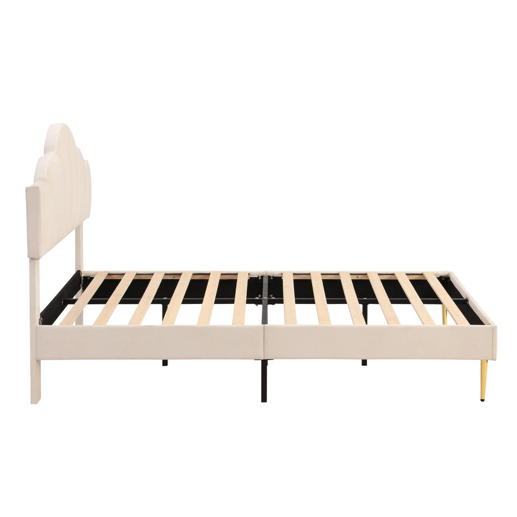 OKWISH Letto Imbottito 140×200 cm, Letto Matrimoniale con Testiera Regolabile e Piedini Dorati, senza Materasso, in Velluto, Beige
