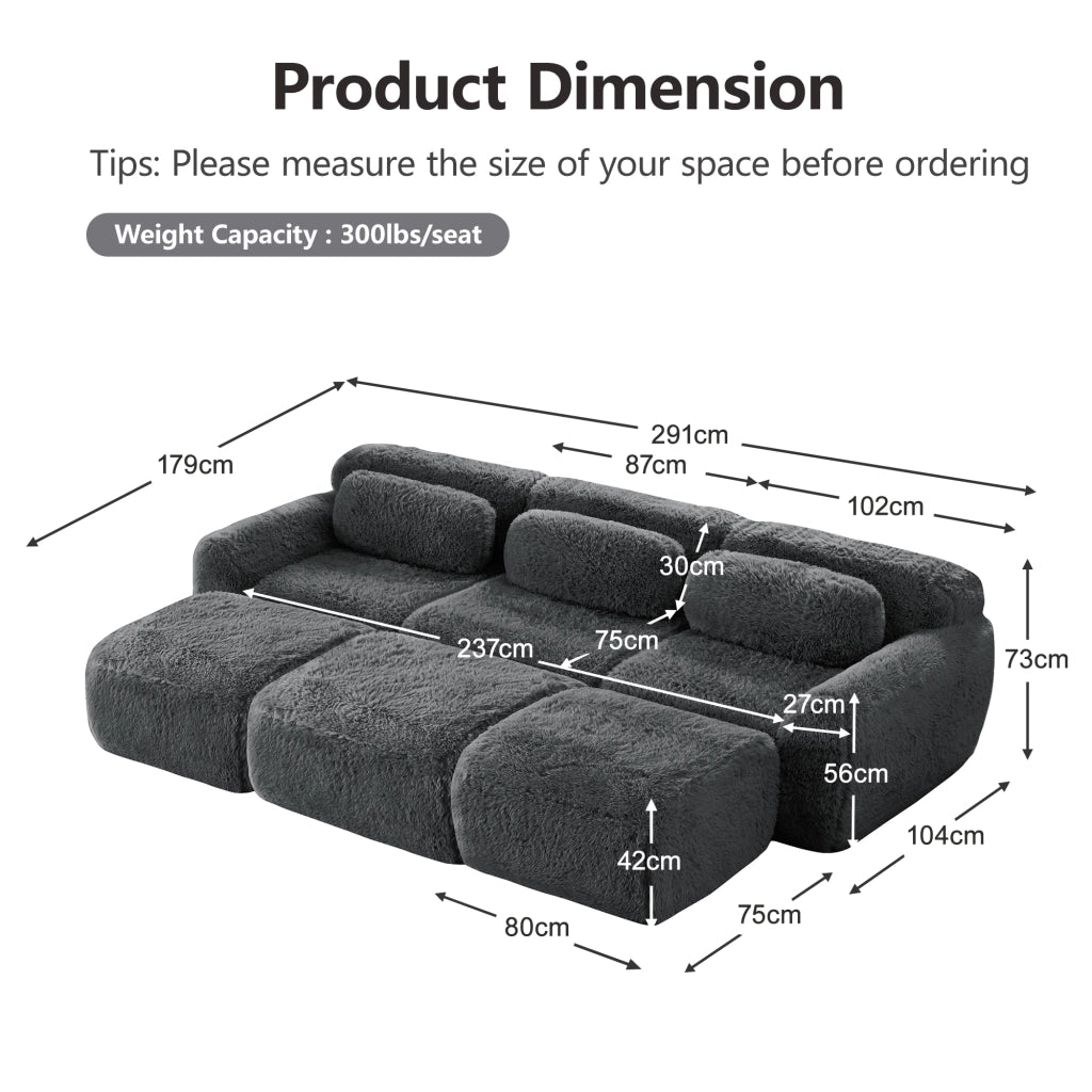 Divano Modulare 3 Posti con 3 Pouf Senza Struttura; Comfort Nuvola; Seduta Ampia in Peluche Grigio