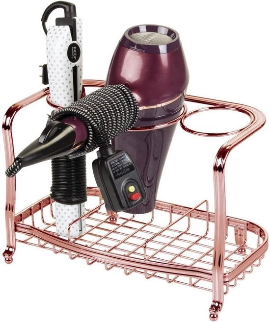 Föhnhouder senza fori – organizzatore di bagno autonomo per il posizionamento del föhne in bagno – organizzatore per lavabo e armadio con tre contenitori per pettine, stilettino e spazzola – roségoud