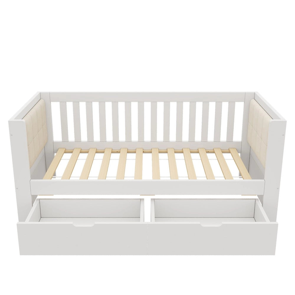 Divano Letto 90x190 ¨C Xylo ¨C Bianco, Legno, 2 Cassetti, Braccioli Arrotondati