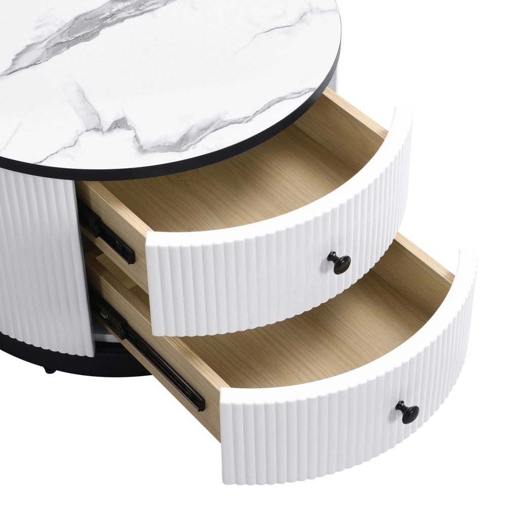 Set di 2 tavolini da caffè rotondi con finitura effetto marmo lucido; bianco e nero; MDF