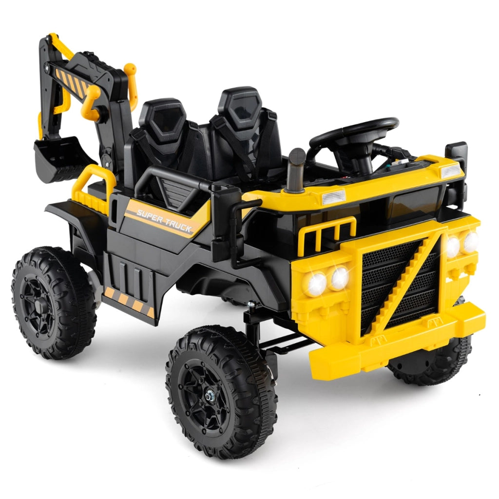 Escavatore ride-on elettrico 24v da costruzione 4wd con telecomando, Escavatore ride-on con musica e braccio Giallo-Macchinine giocattoli