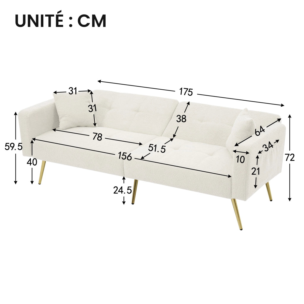 Divano Letto 2 Posti Schienale Regolabile 105-180° con Cuscini e Tasche Laterali Struttura in Legno in Tessuto Bianco