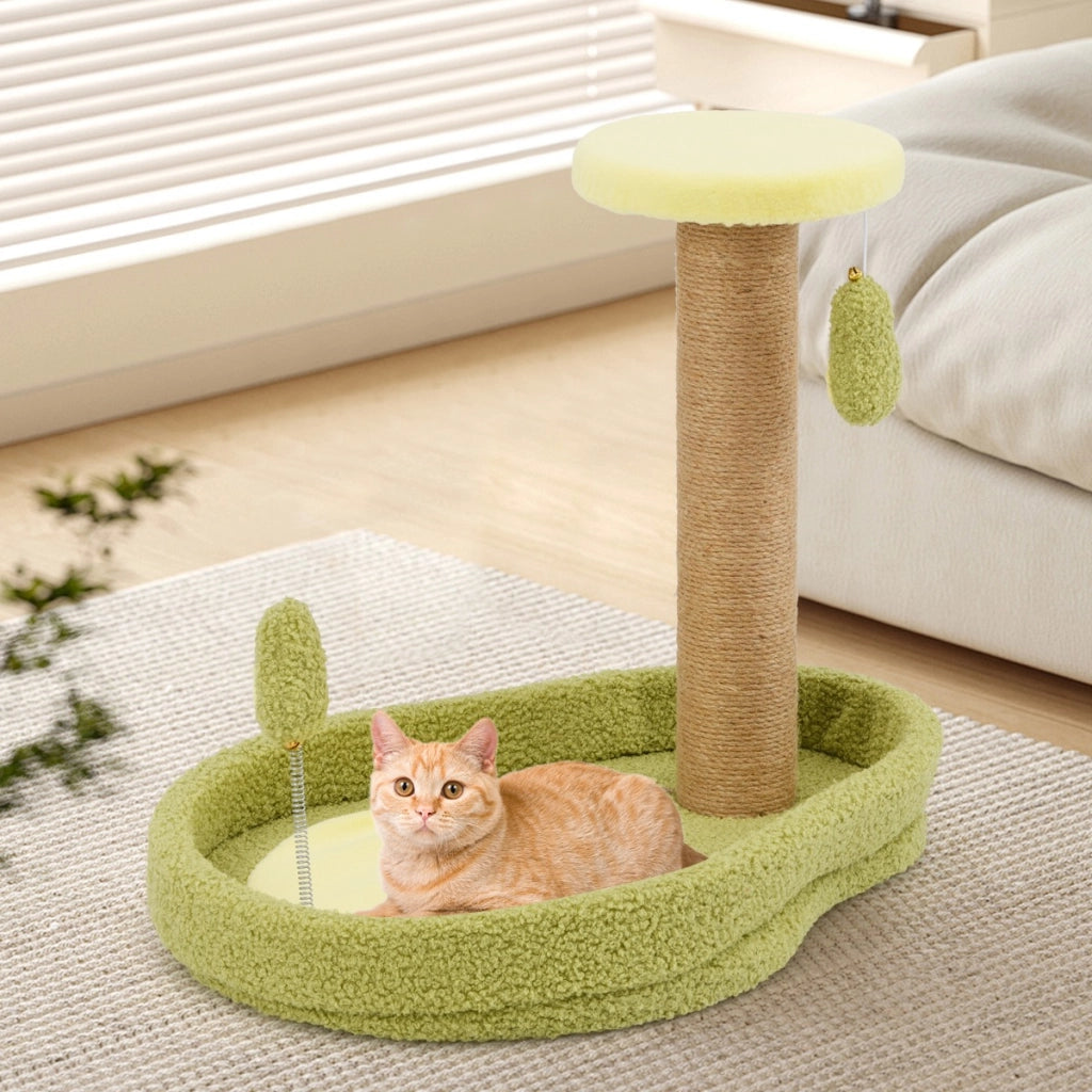 Tiragraffi per gatti in juta con giocattolo a molla, Albero tiragraffi per gatti con cuccia a tema avocado Verde-Alberi Tiragraffi