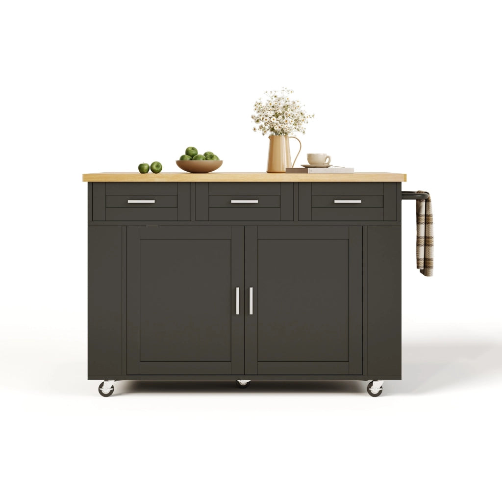 Isola cucina con piano ribaltabile 120x45(70)x84 cm in MDF naturale e nero; con ruote