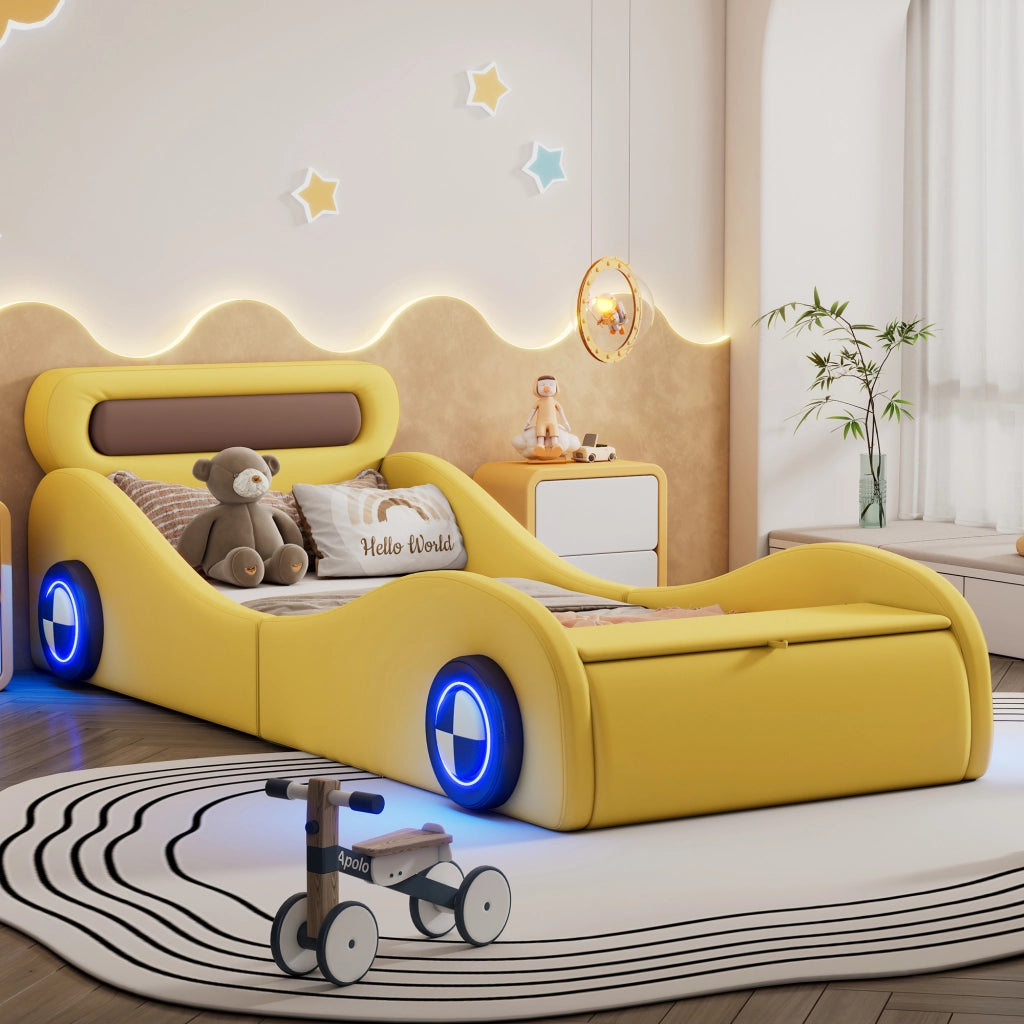 OKWISH Letto Bambino 90×200 cm, Letto Singolo con Ruote Luminose Regolabili e Vano Contenitore, senza Materasso, in PU, Giallo