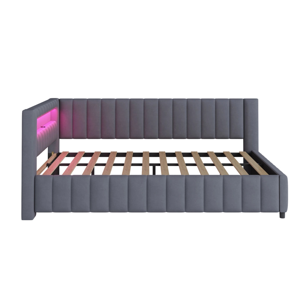 Letto imbottito a L 140x200 cm in velluto grigio con LED e porta USB