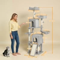 Albero Tiragraffi per Gatti con 2 Casette, 2 Lettini, Trespolo e 2 Palline, 48x40x177 cm, Grigio Chiaro e Beige