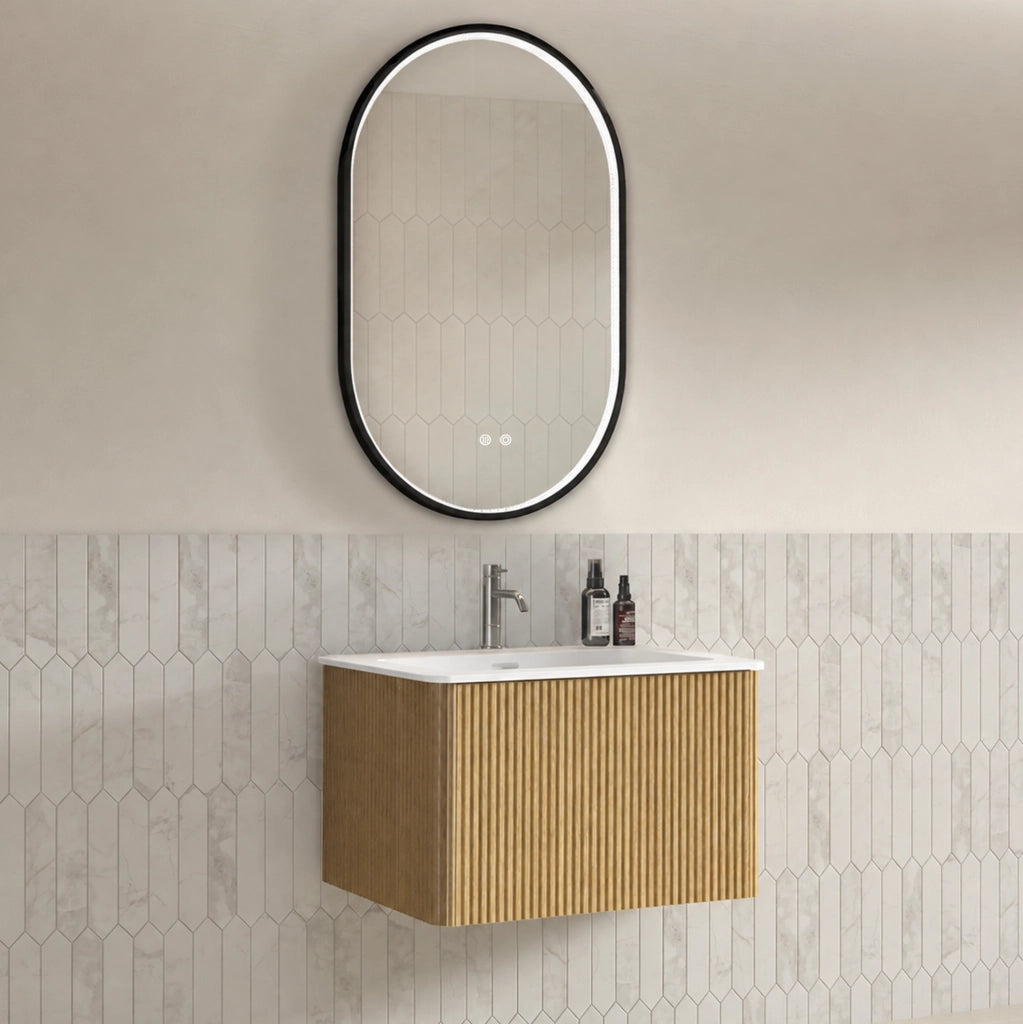 MOBILE BAGNO Sospeso con Specchio LED e Lavabo Integrato Rovere