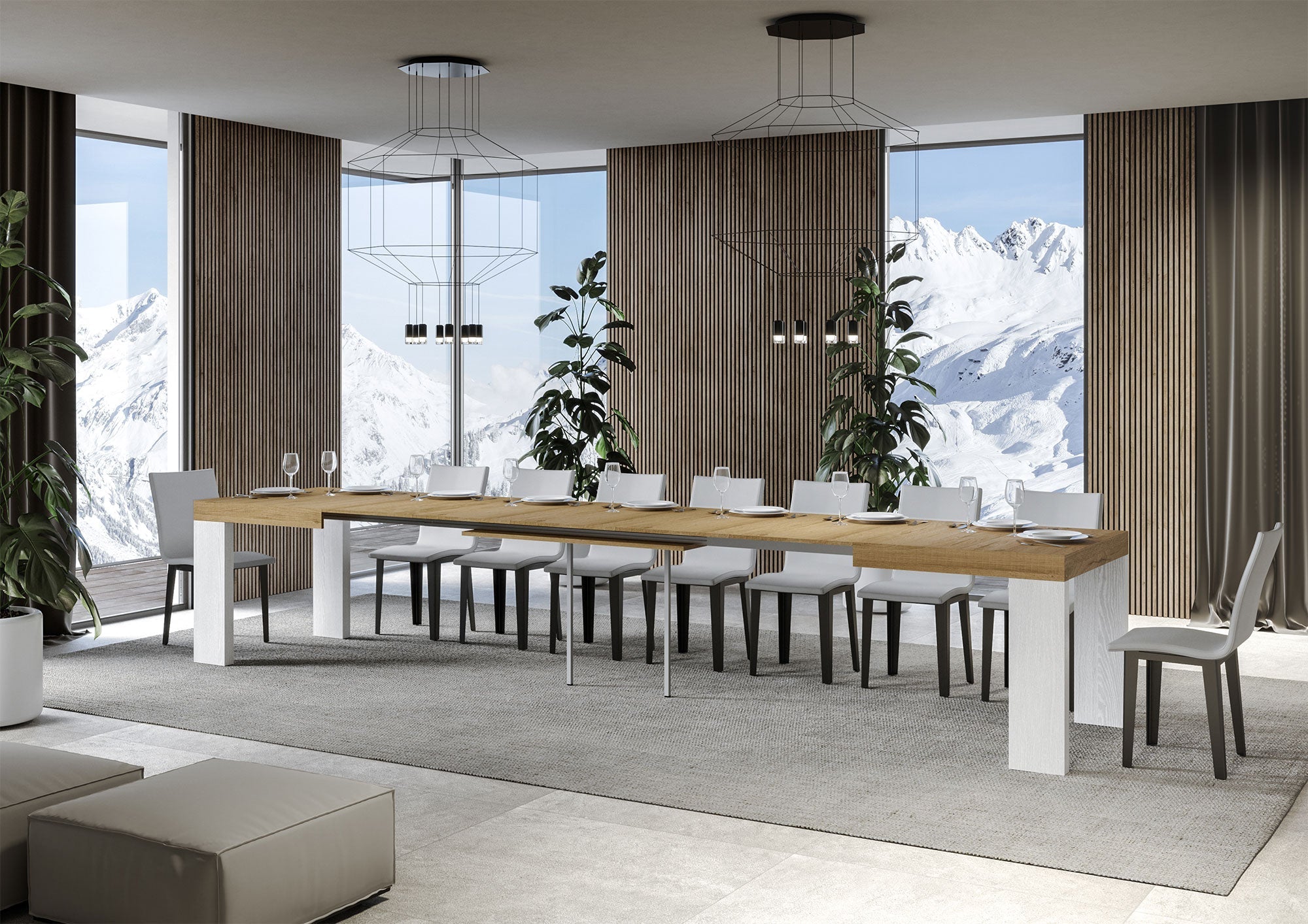 Tavolo Allungabile 130/390x90x77 cm Roxell Mix piano Quercia Natura gambe Bianco Frassino