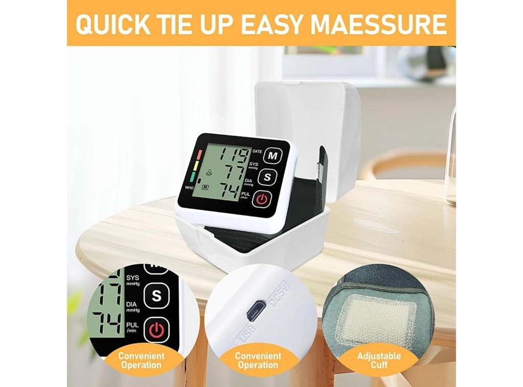 Misuratore Pressione Sanguigna Portatile da Polso Misurazione della Frequenza Cardiaca e Pulsazioni 99 Memorie, Aritmia, Display LCD, WHO