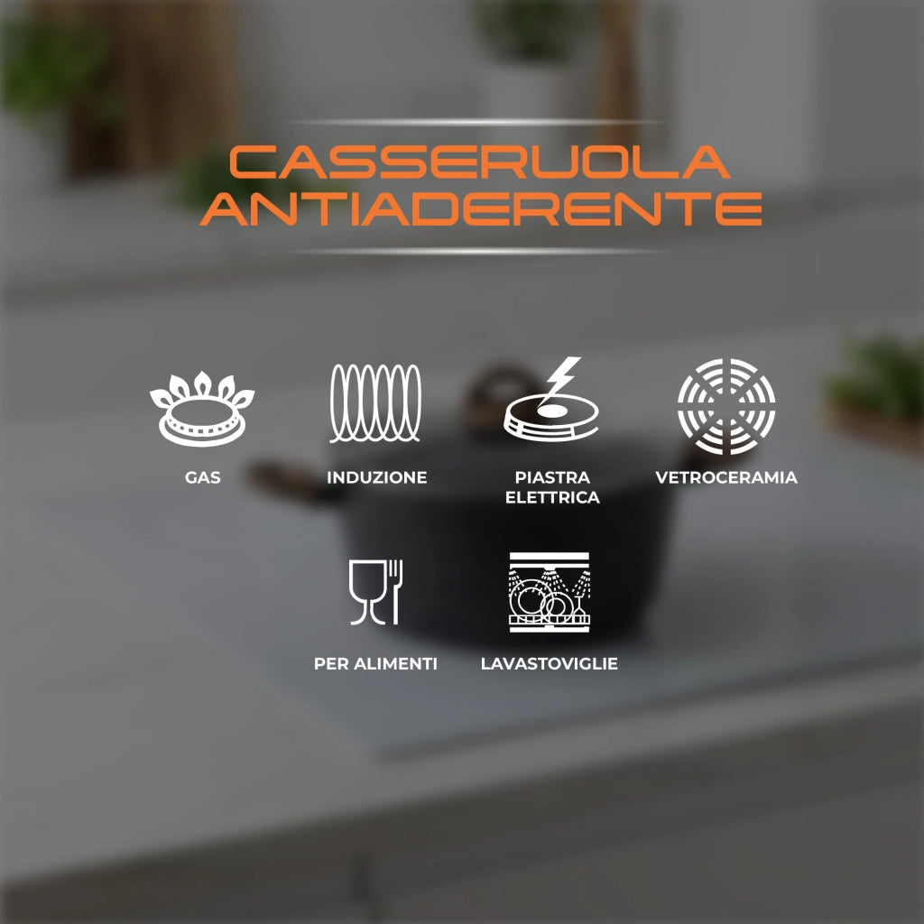 Casseruola Antiaderente con Coperchio in Vetro per Induzione 20 24 28 cm Pentola Effetto Pietra Compatibile Gas Vetroceramica e Piano Elettrico Marble 24 Cm