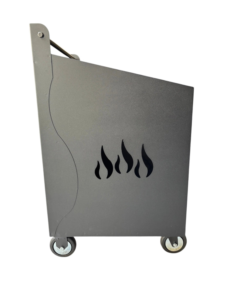 Porta Legna con Ruote, Porta Pellet, in Ferro Battuto, Grigio antracite, 52x47x80h cm, Motivo Fiamma, Per Camino e Stufe
