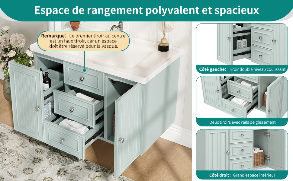 Mobile sottolavabo sospeso con lavabo in ceramica, 3 cassetti e vano laterale, per bagno, verde, 78,5 × 46 × 46,8 cm