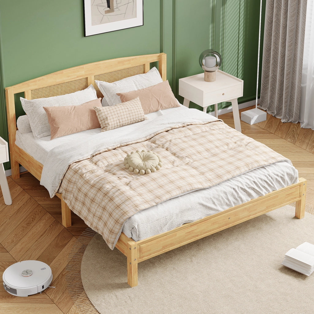 Letto Matrimoniale 160 x 200 cm; 15 Doghe e Piedini Centrali - in Legno e Rattan - Naturale