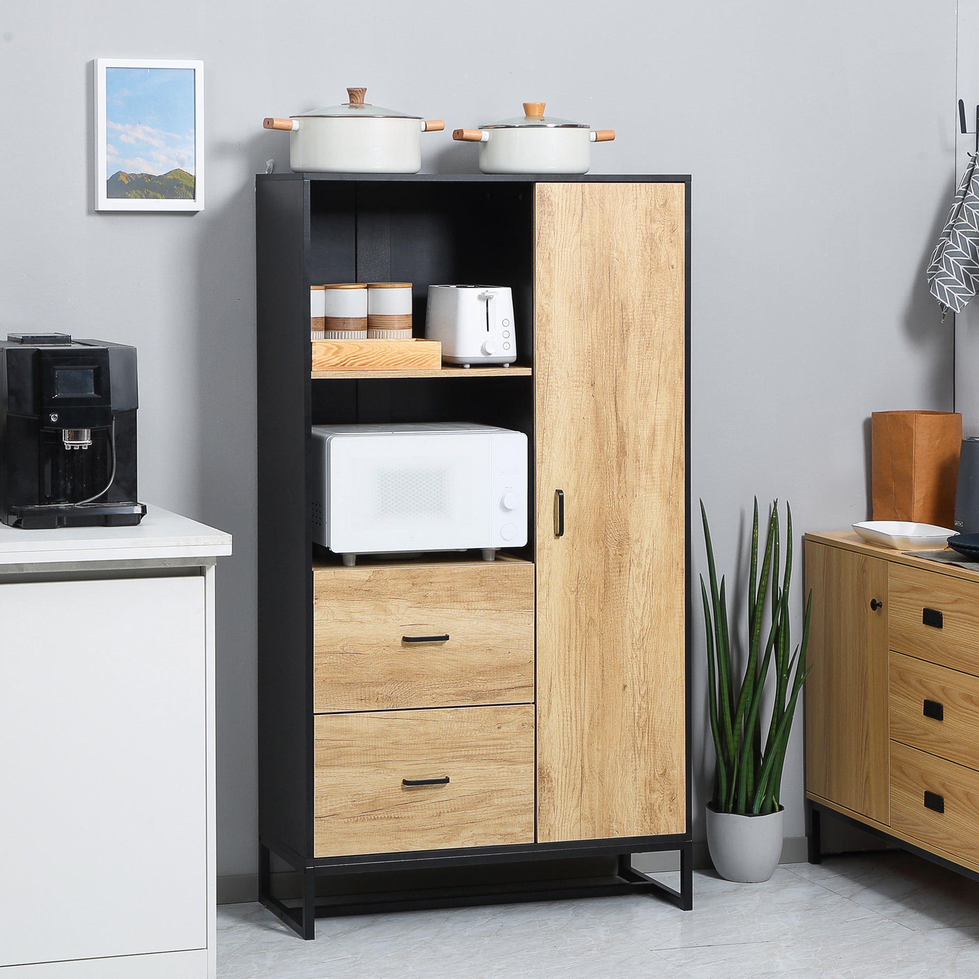 Credenza Mobile Alto Cucina con Armadietti e Ripiani 88x35x160 cm Legno e Nero