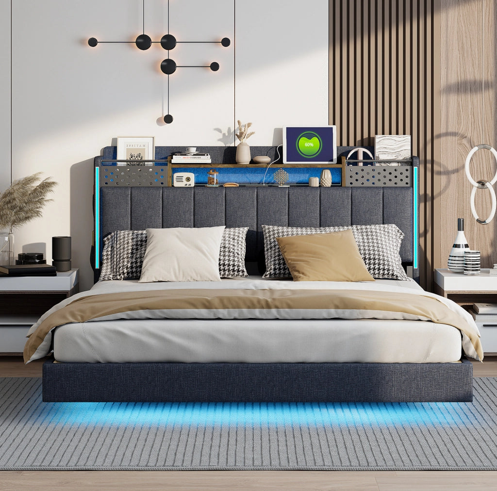 Letto matrimoniale imbottito 160x200 cm grigio con LED, USB e contenitore testata