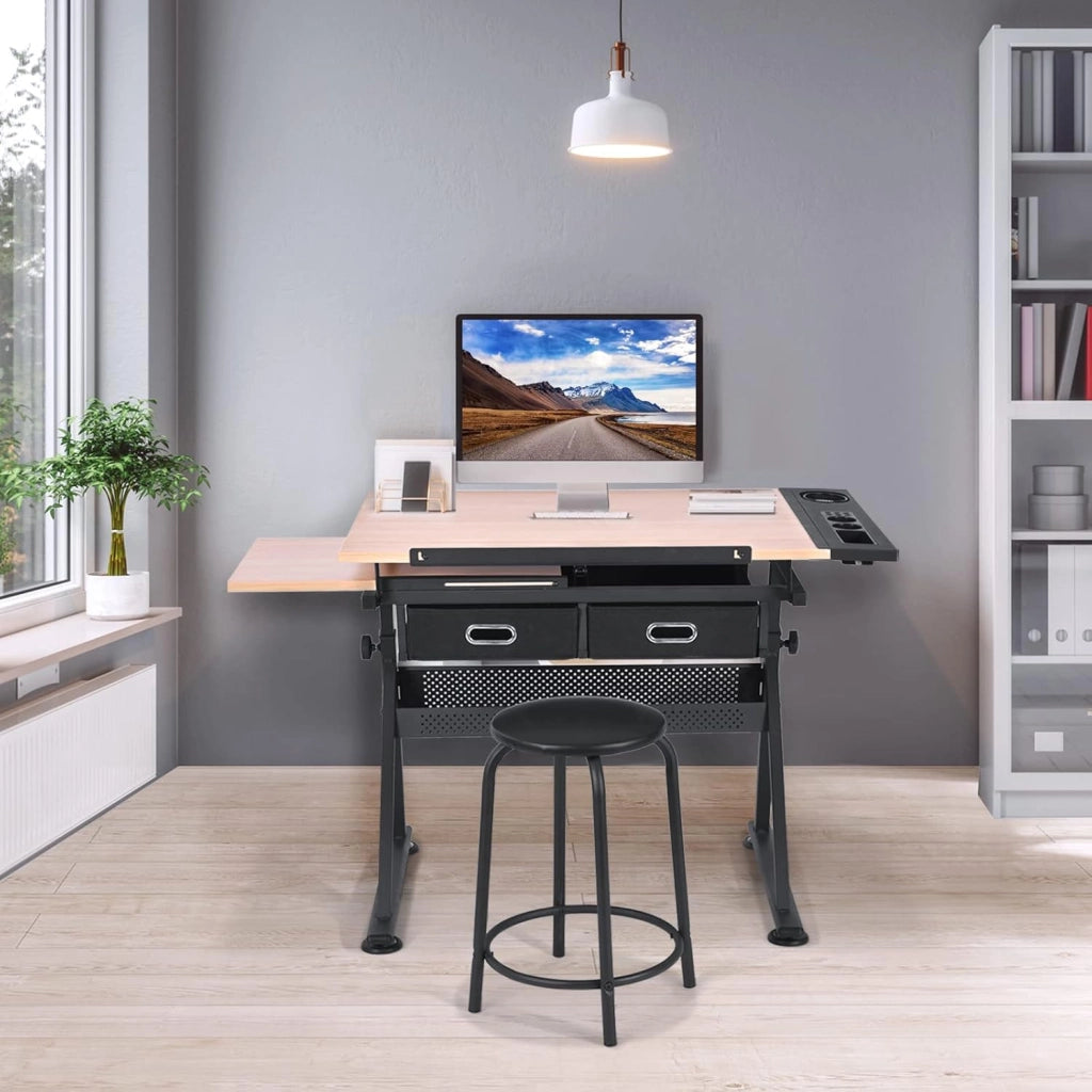 Tavolo da Disegno con Sgabello, Tavolo Architettonico Regolabile in Altezza e Inclinabile, Scrivania Tavolo da Lavoro con Cassetti e Doppie Superfici di Lavoro per Caratteri (Naturale)