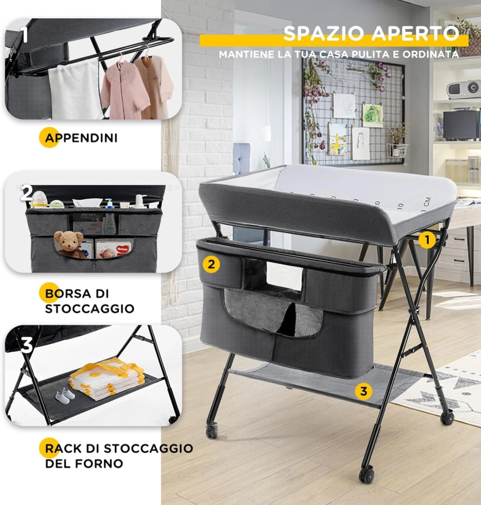 Fasciatoio Pieghevole Portatile, Bagnetto Cambio Pannolini per Bambini Neonati, con Ruote e Vaschetta, Altezza Regolabile 79.5x66x97-101 cm (Grigio)