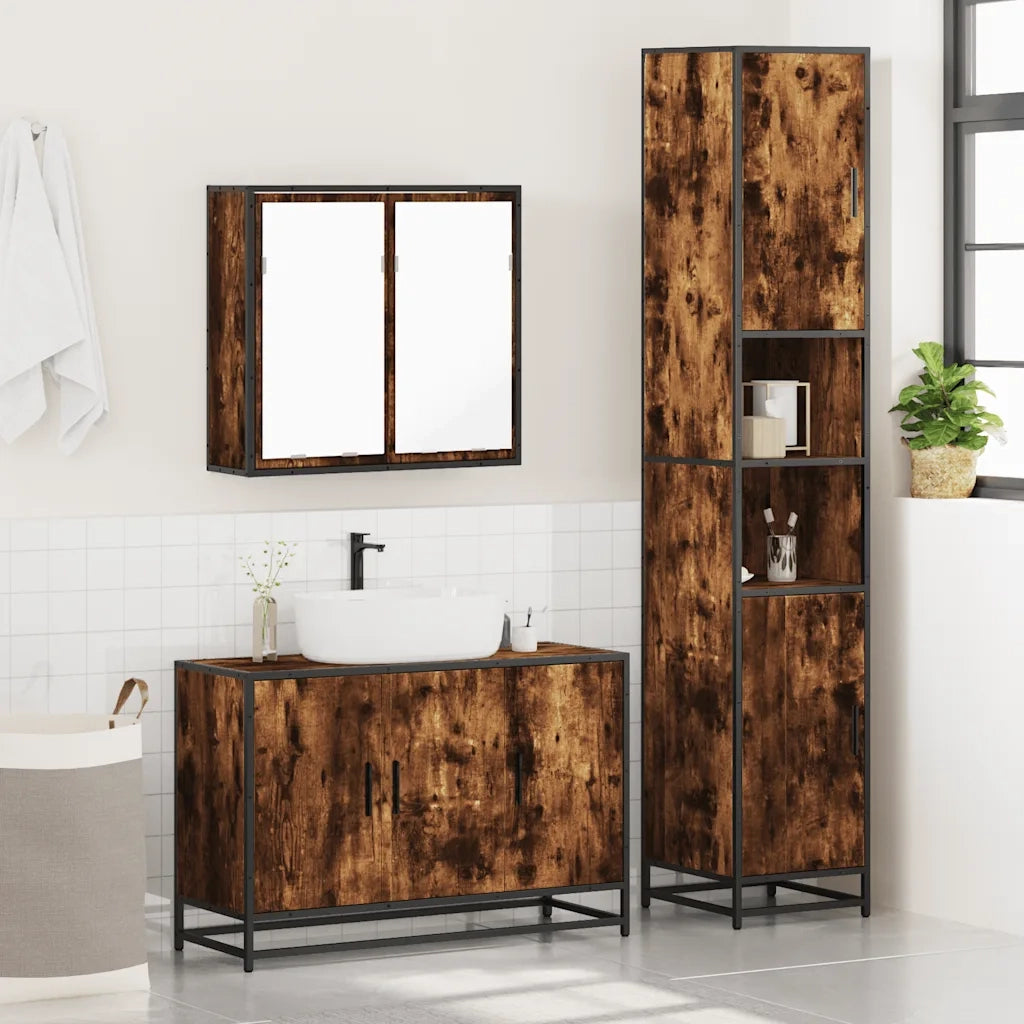 Set Mobili da Bagno 3 pz Rovere Fumo in Legno Multistrato