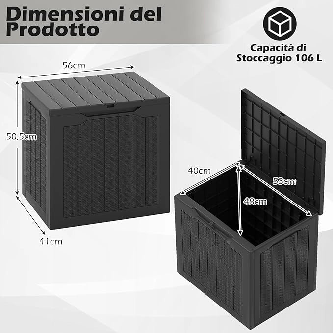 Baule da Esterno 96 L, Cassapanca Contenitore con Coperchio Bloccabile e Tessitura in Vimini, per Giardino e Cortile, 56 x 41 x 50,5 cm (Nero)