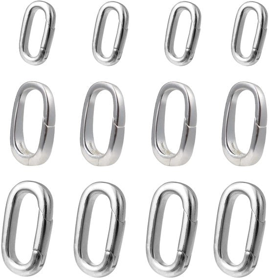 Ferraglia ovale in argento con 3 misure - 12 pezzi - Chiusura ovale - Ideale per accessori di moda - Design unico