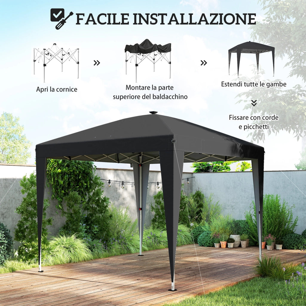 Gazebo 3x3 m Pieghevole ad Altezza Regolabile con Luce Centrale e Telecomando, in Metallo e Poliestere, Nero