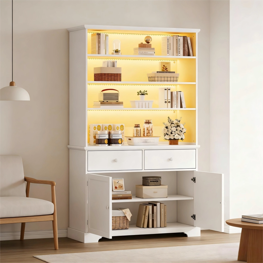 VETRINA con LED 100x38x170 cm Bianca in Truciolato con 2 Cassetti e 2 Ante