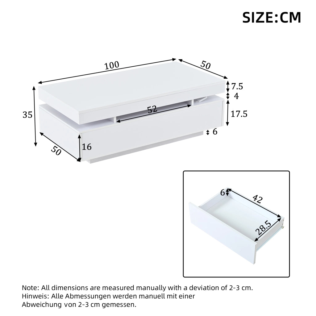 Tavolino da Caff¨¨ con 2 Cassetti e LED ¨C Xylo ¨C Bianco Lucido 100x50x35