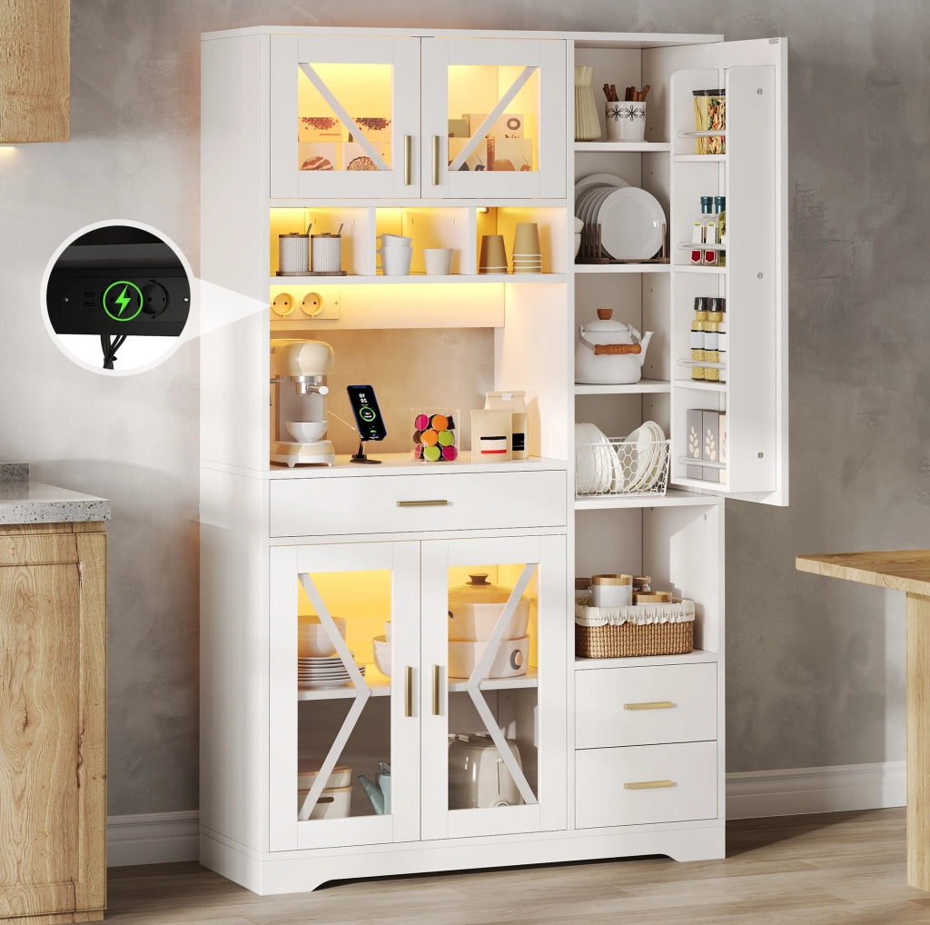 Colonna da cucina 105x40x185 cm in MDF bianco, stile rustico, con LED e prese
