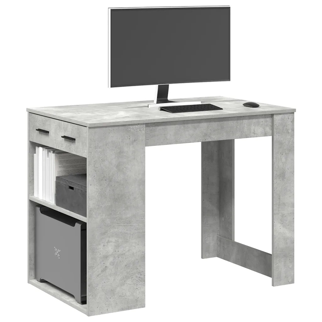 Scrivania | Tavolo da Ufficio con Cassetto Ripiano Grigio Cemento Legno Multistrato