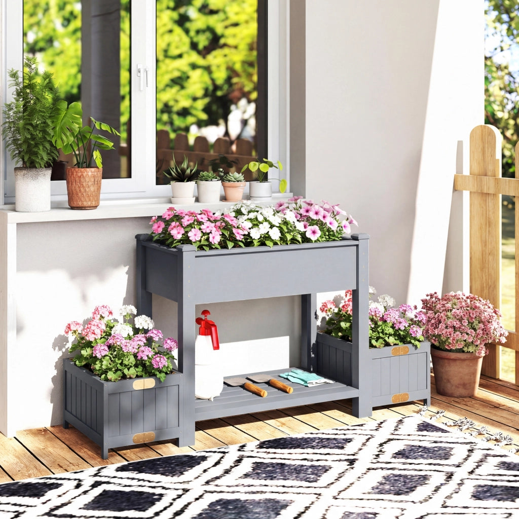 Fioriera Rialzata con 2 Vasi Laterali e Ripiano per Attrezzi, in Legno di Abete, 149x46x76 cm, Grigio