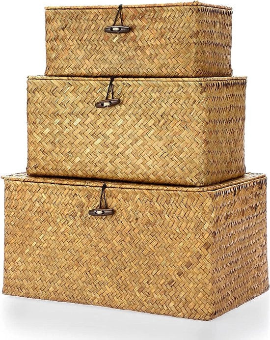 Set di 3 contenitori con coperchio - Zeegras - Rettilineo - Tessuto a mano - Cassetto decorativo - Organizzatore per giocattoli - Multifunzionale