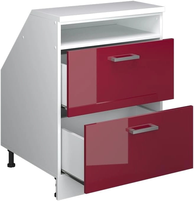 Mobile sottotetto Rion, Rosso lucido, 60 x 81.6 cm con 2 cassetti, carcassa 60 cm profondità, adatto per il salvaspazio sotto tetti spioventi