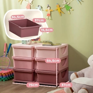 Cassettiera portaoggetti in plastica per bambini, 6 cassetti, colore rosa, con seduta integrata