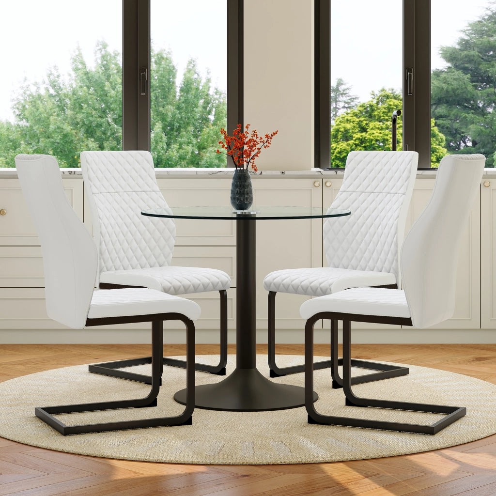 Set tavolo cucina e sedie con 1 tavolo rotondo e 4 sedie in vetro; metallo e PU bianco; nero e trasparente